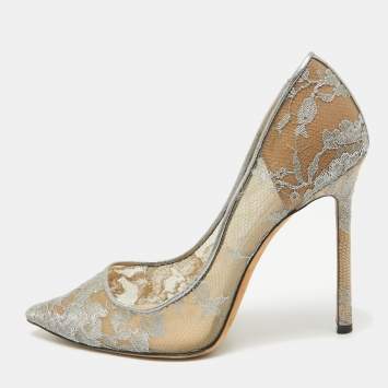 Pre Owned Jimmy Choo Metallic Grey Lace Romy Pumps Size 38