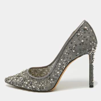 Pre Owned Jimmy Choo Grey Embellished Lace Romy Pumps Size 37