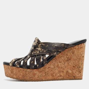 Pre Owned Jimmy Choo Black/Beige Embossed Lizard Strappy Cork Wedge Sandals Size 38