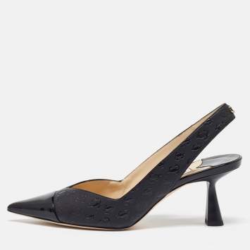 Pre Owned Jimmy Choo Black Logo Embossed Leather Liya Slingback Pumps Size 37.5