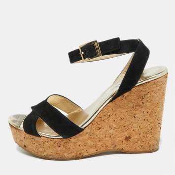 Pre Owned Jimmy Choo Black Suede Cork Wedge Ankle Strap Sandals Size 38