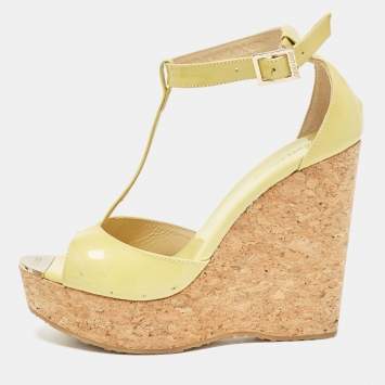 Pre Owned Jimmy Choo Light Green Patent Leather Pania Cork Wedge Sandals Size 39.5