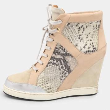 Pre Owned Jimmy Choo Multicolor Suede and Python Embossed Leather Panama Wedge Sneakers Size 39