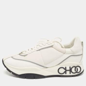 Pre Owned Jimmy Choo White Fabric and Leather Raine Lace Up Sneakers Size 41.5
