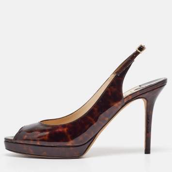 Pre Owned Jimmy Choo Brown Printed Patent Leather Nova Slingback Sandals Size 40.5