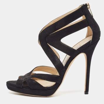 Pre Owned Jimmy Choo Black Glitter Suede Collar Platform Sandals Size 36.5