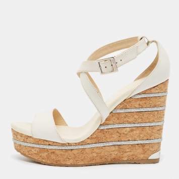 Pre Owned Jimmy Choo Cream Leather Wedge Sandals Size 39