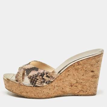 Pre Owned Jimmy Choo Brown/Black Embossed Python Prima Wedge Sandals Size 40