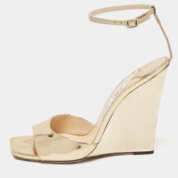 Pre Owned Jimmy Choo Gold Leather Wedge Sandals Size 38.5