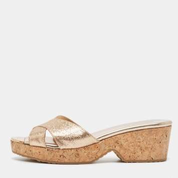 Pre Owned Jimmy Choo Gold Glitter Prima Wedge Sandals Size 37