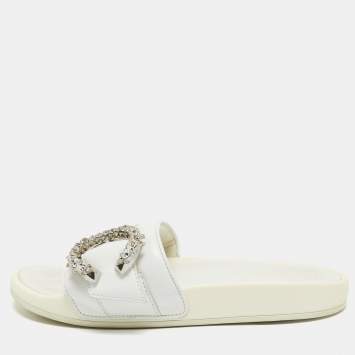 Pre Owned Jimmy Choo White Leather Crystal Embellished Flat Slides Size 39