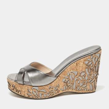 Pre Owned Jimmy Choo Silver Leather Prima Wedge Sandals Size 36.5