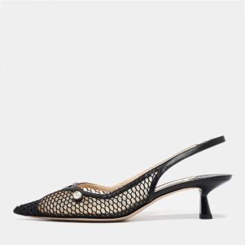 Pre Owned Jimmy Choo Black Leather and Mesh Amita Slingback Pumps Size 39