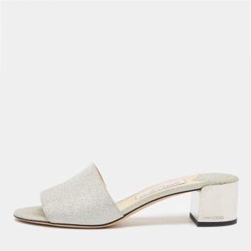 Pre Owned Jimmy Choo Silver Glitter Joni Slide Sandals Size 39