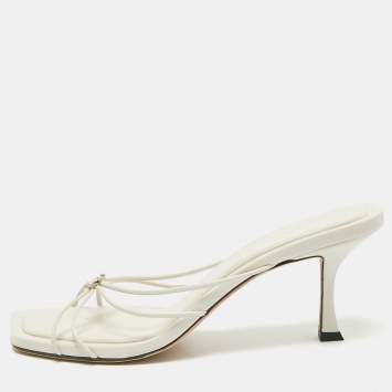 Pre Owned Jimmy Choo Cream Leather Crystal Embellished Slide Sandals Size 42