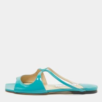 Pre Owned Jimmy Choo Green Patent Leather Flat Sandals Size 38.5