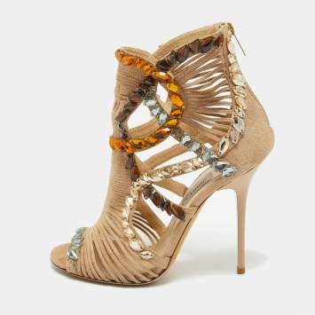 Pre Owned Jimmy Choo Brown Suede Crystal Embellished Cut Out Sandals Size 38