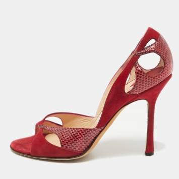 Pre Owned Jimmy Choo Red Suede and Watersnake Cut Out Open Toe Pumps Size 39.5
