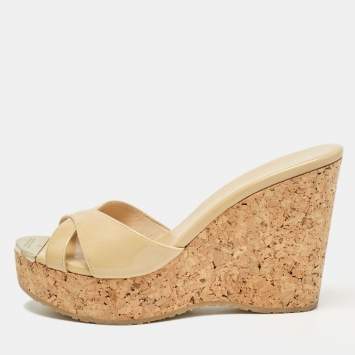 Pre Owned Jimmy Choo Beige Patent Prima Wedge Sandals Size 37