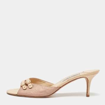 Pre Owned Jimmy Choo Beige/Pink Leather and Snakeskin Slide Sandals Size 40