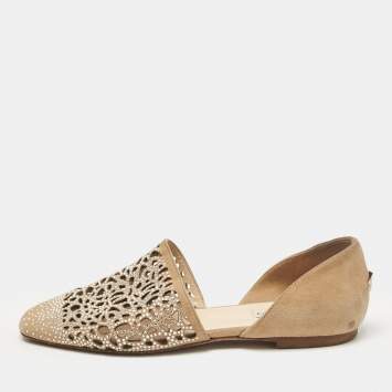 Pre Owned Jimmy Choo Beige Suede Crystal Embellished Ballet Flats Size 37.5