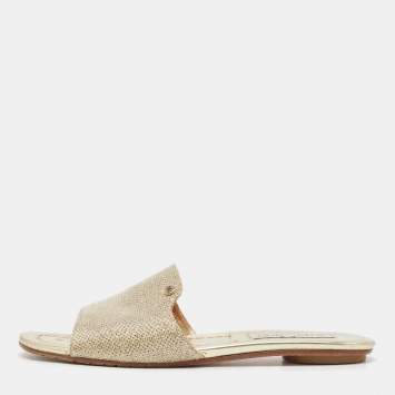 Pre Owned Jimmy Choo Gold Lurex Fabric Nanda Flat Slides Size 37