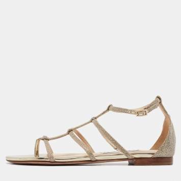 Pre Owned Jimmy Choo Gold Glitter Strappy Flat Sandals Size 38