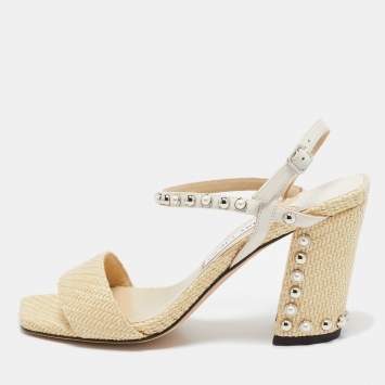 Pre Owned Jimmy Choo Beige/Cream Raffia and Leather Aadra Sandals Size 39