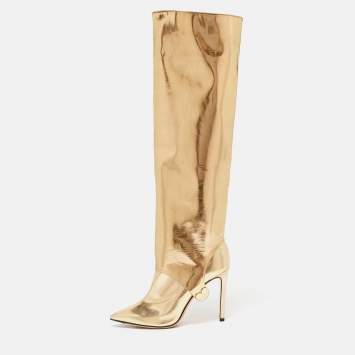 Pre Owned Jimmy Choo Gold Patent Leather Knee Length Boots Size 37.5