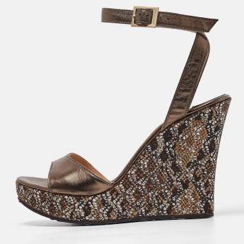 Pre Owned Jimmy Choo Metallic Leather Glitter Wedge Ankle Strap Sandals Size 40