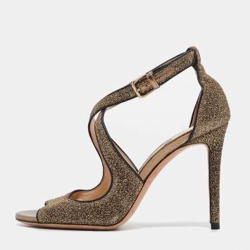 Pre Owned Jimmy Choo Gold Leather and Lurex Fabric Emily Ankle Strap Sandals Size 35