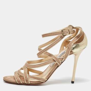 Pre Owned Jimmy Choo Gold/Beige Leather and Suede Ankle Strap Sandals Size 37.5