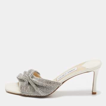 Pre Owned Jimmy Choo White Crystal Embellished Leather Naria Slide Sandals Size 38