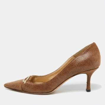 Pre Owned Jimmy Choo Brown Lizard Embossed Suede Pointed Toe Pumps Size 38.5