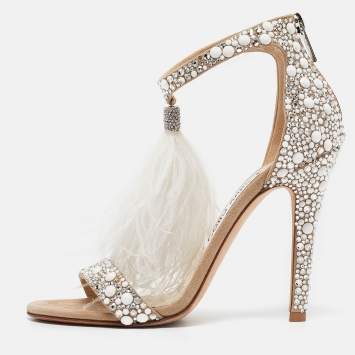 Pre Owned Jimmy Choo Beige Suede Viola Embellished Open Toe Sandals Size 36.5