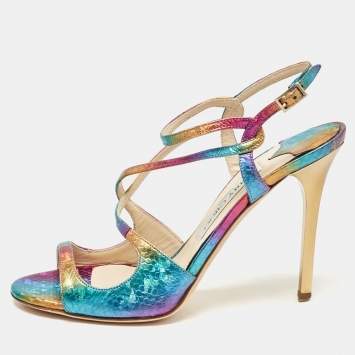 Pre Owned Jimmy Choo Multicolor Embossed Snakeskin Paxton Sandals Size 37.5