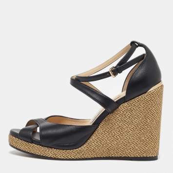 Pre Owned Jimmy Choo Black Leather Cross Strap Wedge Sandals Size 38