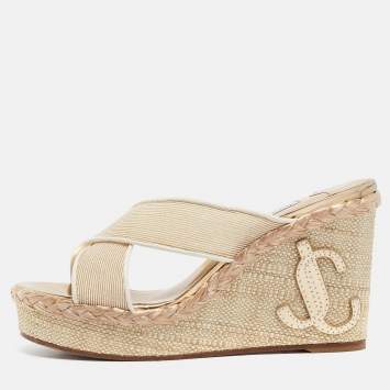 Pre Owned Jimmy Choo Beige Canvas Dovina Wedge Sandals Size 38