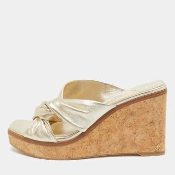 Pre Owned Jimmy Choo Gold Leather Narisa Wedge Sandals Size 39