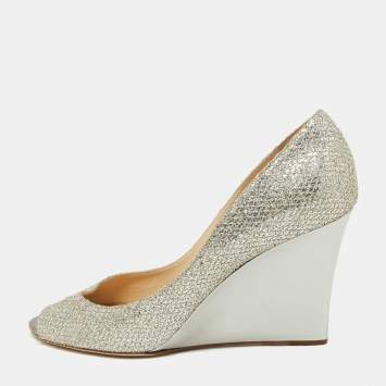 Pre Owned Jimmy Choo Gold Metallic Glitter Fabric Baxen Wedge Pumps Size 42