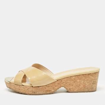 Pre Owned Jimmy Choo Beige Patent Leather Prima Wedge Sandals Size 39