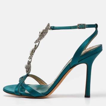 Pre Owned Jimmy Choo Green Satin Crystal Embellished Ankle Strap Sandals Size 37