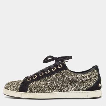 Pre Owned Jimmy Choo Gold/Black Glitter and Suede Lace Up Sneakers 41