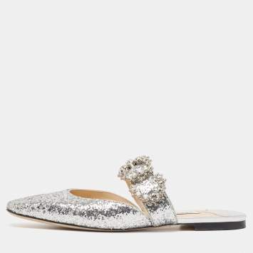 Pre Owned Jimmy Choo Silver Glitter Crystal Embellished Flat Mules Size 40