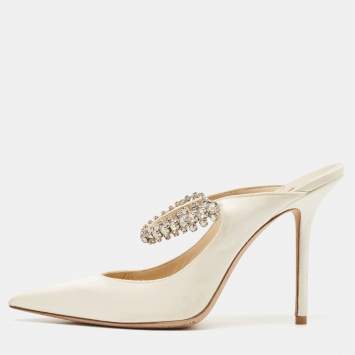 Pre Owned Jimmy Choo Off-White Satin Crystal Embellished Bing Mules Size 39
