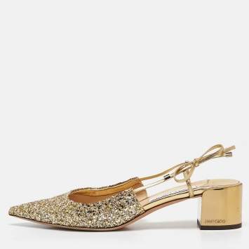 Pre Owned Jimmy Choo Gold Glitter Gemista Mules Size 40