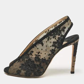 Pre Owned Jimmy Choo Black Lace Shar Slingback Pumps Size 37.5
