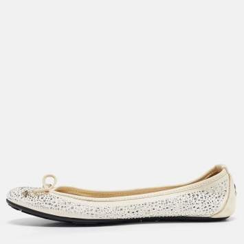 Pre Owned Jimmy Choo Cream Crystal Embellished Leather Weber Ballet Flats Size 38