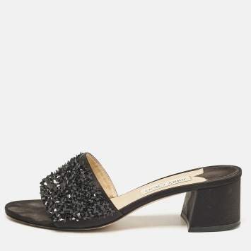 Pre Owned Jimmy Choo Black Satin Embellishment Slide Sandals Size 41