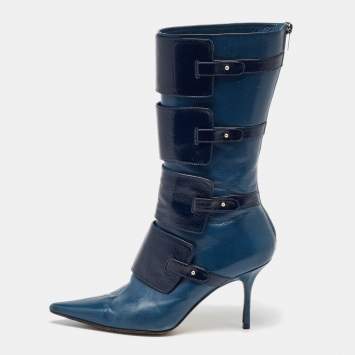 Pre Owned Jimmy Choo Navy Blue Leather Pointed Toe Calf length Boots Size 40